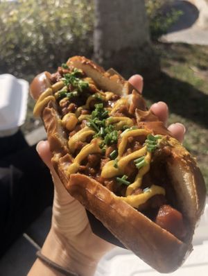 Vegan chili dog at Golden Dinosaurs in Gulfport