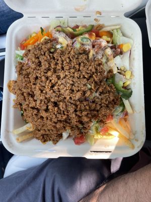 Vegan Fryz Extreme with vegan cheeze and soy ground  at Burrito Boyz in Waterloo