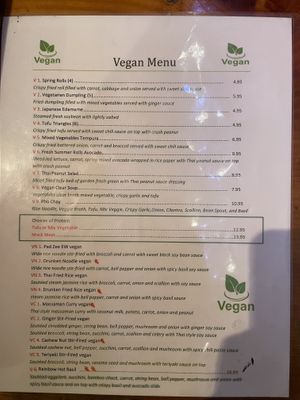 Vegan menu  at Thai9 in Lincoln