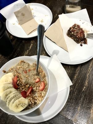 Protein bowl (hot, perfect for a cold and rainy day) & peanut caramel brownie  at O Superfood in Bondi Junction