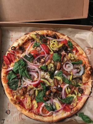 Build your own vegan pizza: mix of veg includes banana peppers and garlic etc at Blaze Pizza in Boston