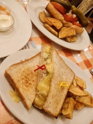Vegan tuna melt + vegan Chicago dog + homemade fries #Veganuary at News Cafe in Tokyo