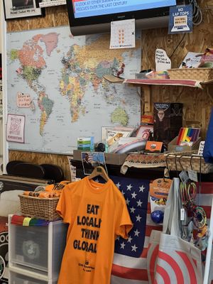 Cool merch for sale  at News Cafe in Tokyo