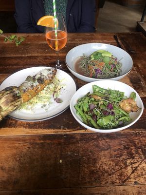 Meal (note corn on cob with what we found out was cheese 🤢)  at The Bridge Hotel in Castlemaine