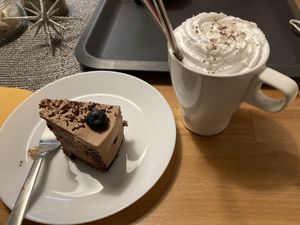 Chocolate cake and mint hot chocolate   at Cafe Nisse in Imatra