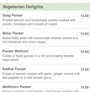 masala menu at Masala Indian Kitchen in Lafayette