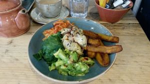 Vegan GF Buddha bowl (kimchi , spinach , artichoke , avocado salsa , plantain ) at Luca's Kitchen and Bakery  in South East London