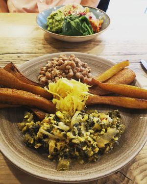Vegan Brunch with Buddha Bowl in background at Luca's Kitchen and Bakery  in South East London