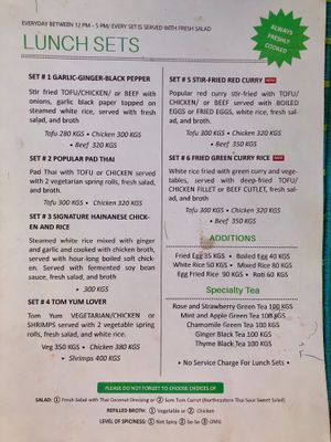 Lunch sets menu at Baan Baan Thai cafe in Bishkek