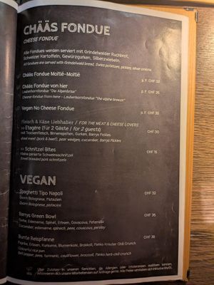 Some of the choices from the menu at Barry's in Grindelwald
