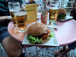 Seitan burger w Sriracha sauce 👌 at Neue Republik Reger in Berlin