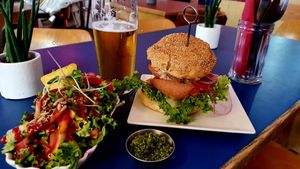 Angry Crowd Burger with small Salad, Wild Garlic Pesto and, of course, Beer at Neue Republik Reger in Berlin