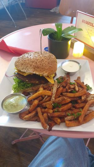 Cheese burger with small fries at Neue Republik Reger in Berlin