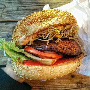 Vegan Magic Mushroom Portobello Burger with sprouts at Neue Republik Reger in Berlin
