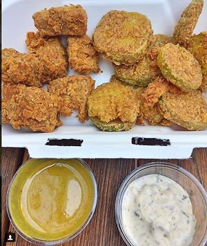 original nuggets and fried pickles 
"honey" mustard sauce and ranch 
 at Bartleby's Seitan in Bentonville