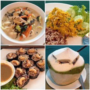 Seaweed curry, pumpkin hummus, makis and fresh coconut at May Kaidee in Bangkok