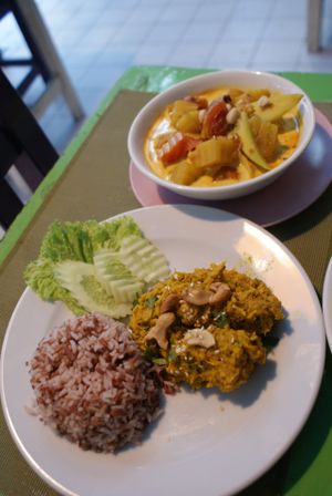 Pumpkin hummus and massaman curry at May Kaidee in Bangkok