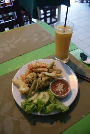 Vegetable tempura with peanut sauce. at May Kaidee in Bangkok