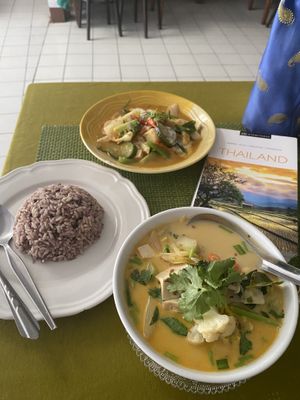 Tom Kha soup followed by Penang curry and brown rice. Yum Yummy!   at May Kaidee in Bangkok