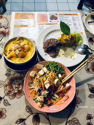 Massaman curry, pumpkin hummus & banana blossom salad - all delicious! at May Kaidee in Bangkok