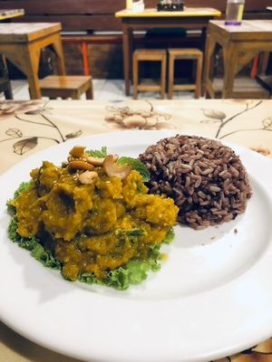 Pumpkin hummus with rice - so tasty! at May Kaidee in Bangkok