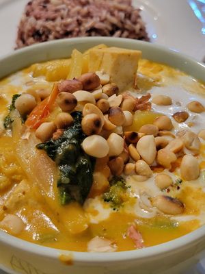 Massaman curry and red rice. Must try at May Kaidee in Bangkok