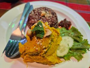 Pumpkin Hummus with Rice, 90 Baht at May Kaidee in Bangkok