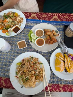 Pad Thai, stick mango rice, spring rolls and a northern Thai cuisine (can't remember name) at May Kaidee in Bangkok