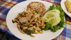 Mushroom laab and rice at May Kaidee in Bangkok