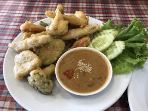 Veggie Tempura with Peanut Dipping Sauce at May Kaidee in Bangkok