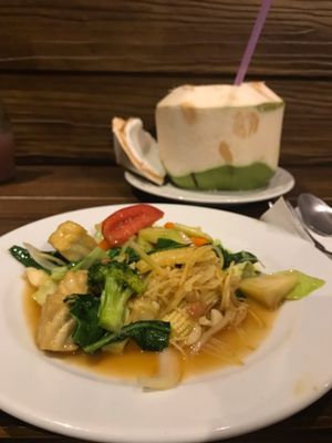 Coconut and Pad Khing at May Kaidee in Bangkok