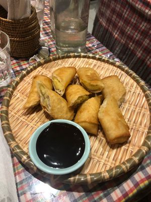 Banana spring roll dessert at May Kaidee in Bangkok