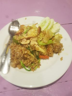 Fried curry rice with sausage and vegetables. 90 Baht at May Kaidee in Bangkok