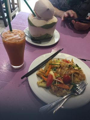 Coconut, Thai iced tea, pad Thai  at May Kaidee in Bangkok