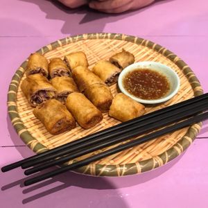 Fried spring rolls at May Kaidee in Bangkok