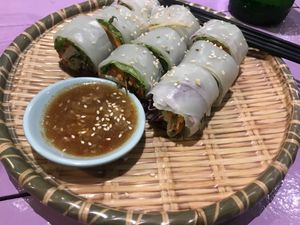 Rolls with tamarind sauce at May Kaidee in Bangkok