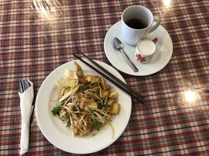 Veggie Pad Thai and Thai Coffee with Coconut Milk  at May Kaidee in Bangkok