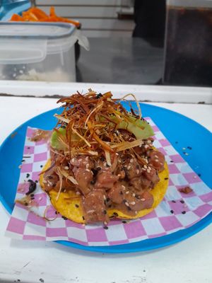 Vegan tuna tostada with fried leeks at Travelling Herbivore in Mexico City