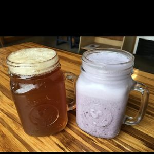 Coffee Kombucha & Blueberry Kefir at Papa G's Vegan Organic Deli in Portland