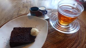 vegan chocolate cake with tea at Aoi Sora Organic Cafe in Sapporo