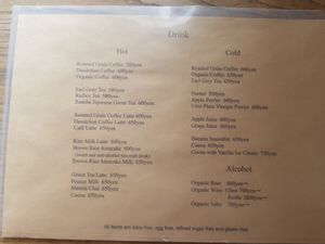 The drink menu at Aoi Sora Organic Cafe in Sapporo