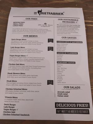 Menu at De Frietfabriek in Amstelveen