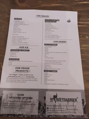 Menu at De Frietfabriek in Amstelveen