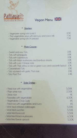 English vegan menu at Pattaya in La Rochelle
