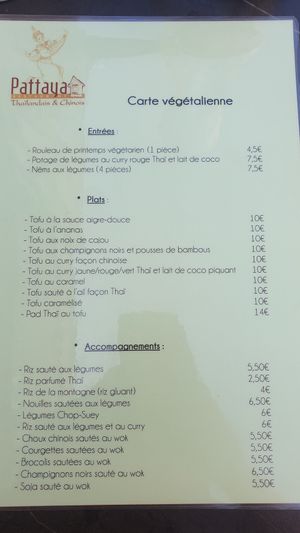 Francais carte végétalienne at Pattaya in La Rochelle