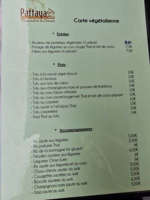 Carte menu at Pattaya in La Rochelle