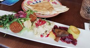 Meze plate and bread at Levant - Bulevardi in Helsinki