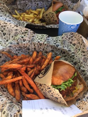 Vegan special burger and sweet potato fries at Shady Burgers in Lund