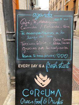 Sign outside  at Curcuma Green Food in Burgos