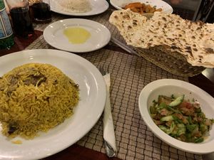 Maklouba with a small salad, and gallate’s vegetables with some rice.  at Al Wadi Restaurant in Wadi Musa
